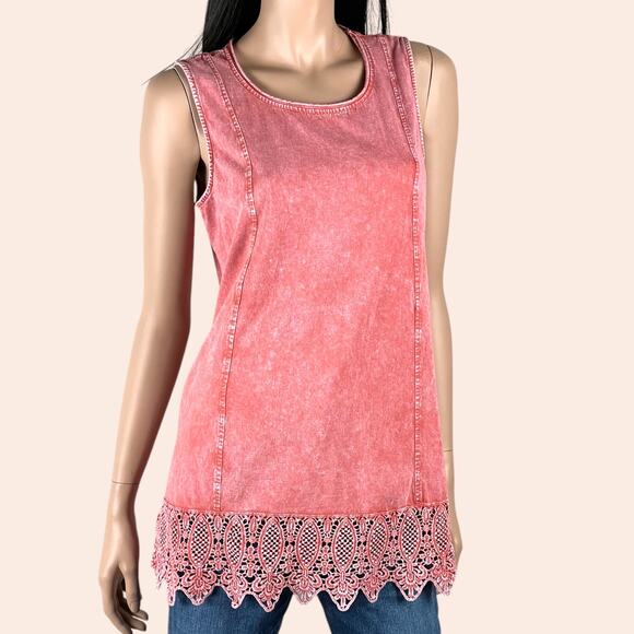 Coldwater Creek Watermelon Pink Swing Tunic Size Medium Washed Hues Lacy border - Picture 1 of 9